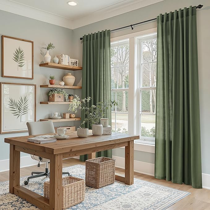 Nanspring Forest Green Linen Curtains for Living Room 90 Inches Long Light Filtering Semi Sheer Curtain Back Tab and Rod Pocket Wabi Sabi Boho Decor Luxury Drapes for Bedroom Office 52x90, 2 Panels