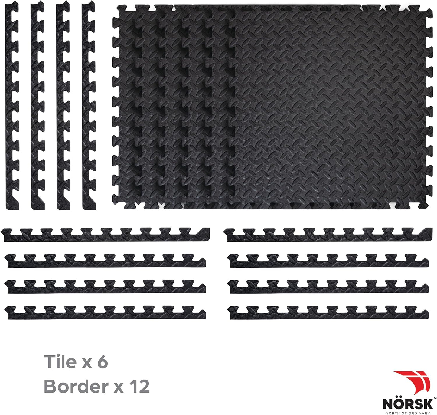 Norsk Foam Floor Gym Mats with Interlocking Tiles, .47" Thick, 24"x24", 54-Pack, 216 Square Feet, Diamond Plate Design, Black