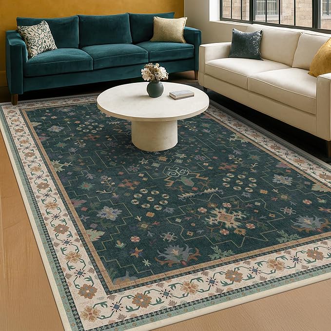 Hazo Haus Vintage Dark Green 7x9 Dining Room Rugs for Under Kitchen Table - Washable Livinig Room Rug - Unique Floral Pastel Low Pile Non-Slip Area Rugs for Bedroom