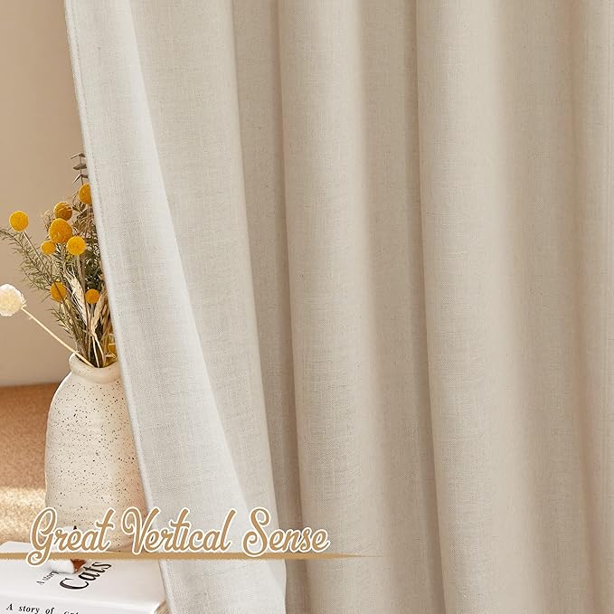 NICETOWN Beige Linen Curtains 84 inches Long, Rod Pocket & Back Tab Flax Linen Burlap Semi Sheer with Light Filtering Curtains & Drapes Privacy Window Treatments for Living Room, W52 x L84, 2 Pieces