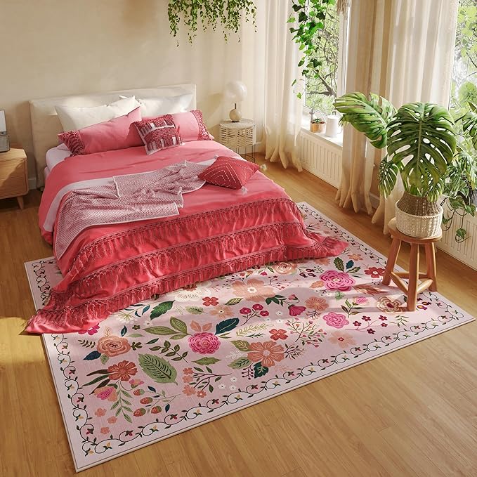 Rugcomf Living Room Rug 5x7 Rug Machine Washable Boho Area Rug Non Slip Floral Vintage Low Pile Large Rugs for Living Room, Bedroom, Farmhouse, Dining Room, Kids Playroom(Pink)