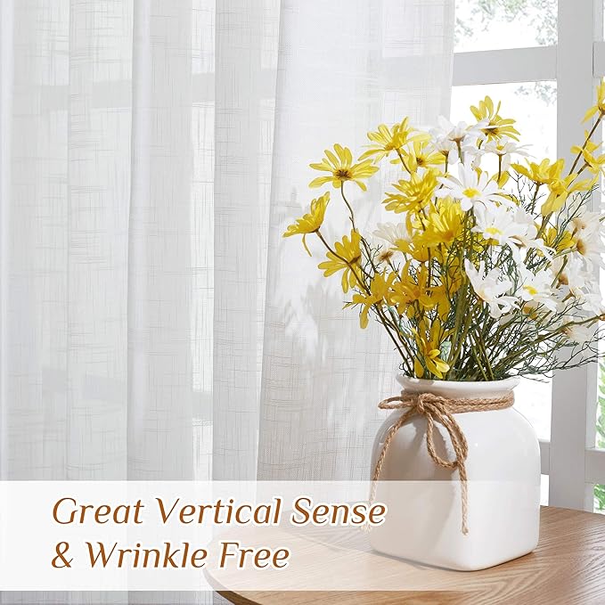 NICETOWN Semi Sheer Short Curtains for Kitchen 24 inches Long, Rod Pockets & Back Tab Linen Blend Privacy with Light Filtering Small Window Treatments for Nursery/Cafe, W29 x L24, 2 Panels, White