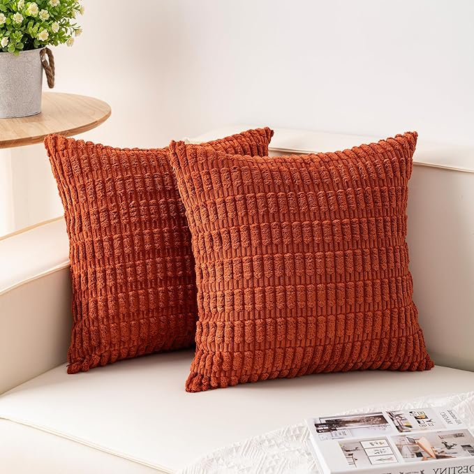 Pack of 2 Corduroy Decorative Throw Pillow Covers 24x24 InchSoft Striped Pillow Covers Modern Farmhouse Home Decor for Sofa Living Room Couch Bed（Rust）