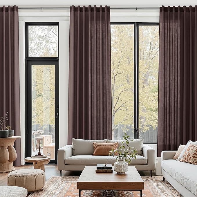 Coffee Brown Linen Curtains 132 Inch Length for Living Room Light Filtering Semi Sheer Curtain Back Tab Modern Rustic Home Decor Neutral Drapes Floor to Ceiling High Window for Bedroom 52x132,2 Panels