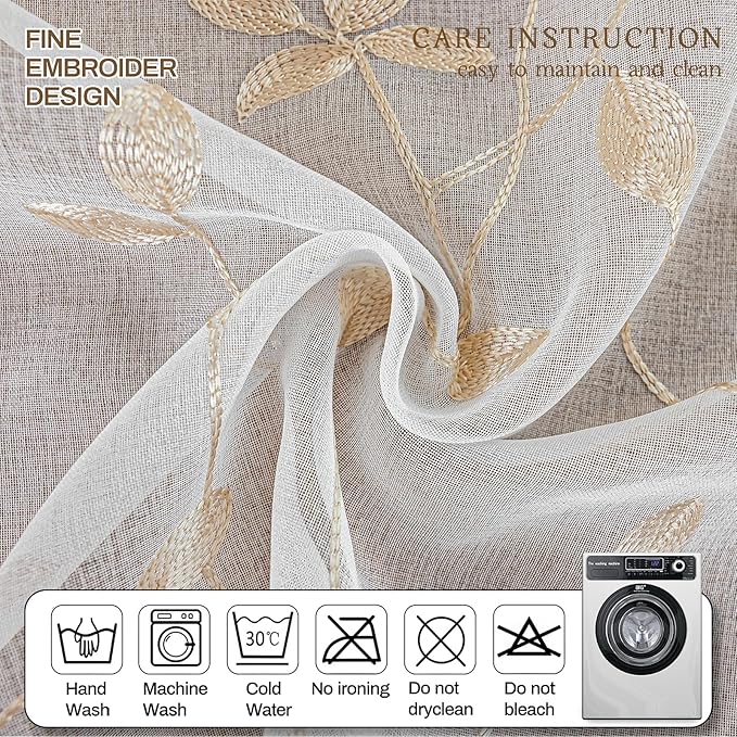 AmHoo 2 Panels Embroidered Leaf Pattern Semi Sheer Curtains Foliage Floral Voile Window Draperies Treatment for Bedroom Living Room Rod Pocket White Beige 53 x 95 Inch