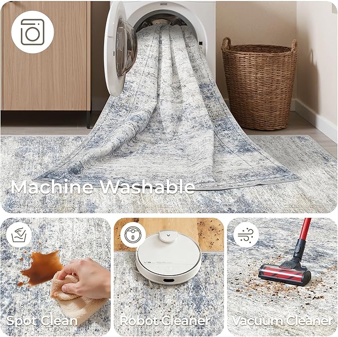 Rug Runners for Hallways Non Slip - 2x8 Runner Rug for Bedroom, Washable Runner with Rubber Backing, Soft Low-Pile Carpet for Kitchen, Laundry, Bathroom (2'x8', Blue/Brown/Ivory)