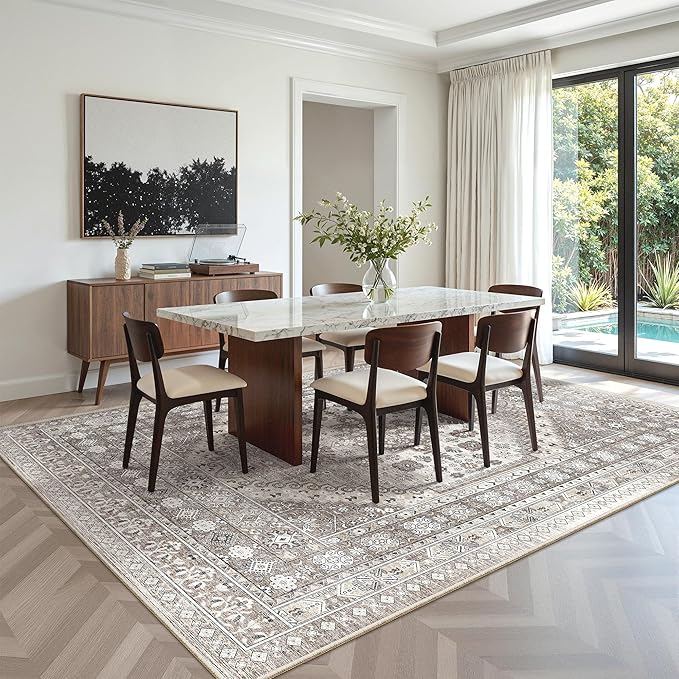 zesthome 5x7 Area Rugs - Ultra-Thin Washble Rug, Stain Resistant Anti Slip Backing Rugs for Living Room,Bedroom, Vintage Home Decor Area Rug (Brown/Beige,5'x7')