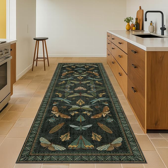 Dark Green 2'6"x12' Long Runner Rugs for Hallway - Boho Wide Washable Non Slip Rug for Indoor Entryway, Kitchen, Low Pile Vintage Whimsical Insect Moth Design, Stain Resistant Ultra Soft Carpet
