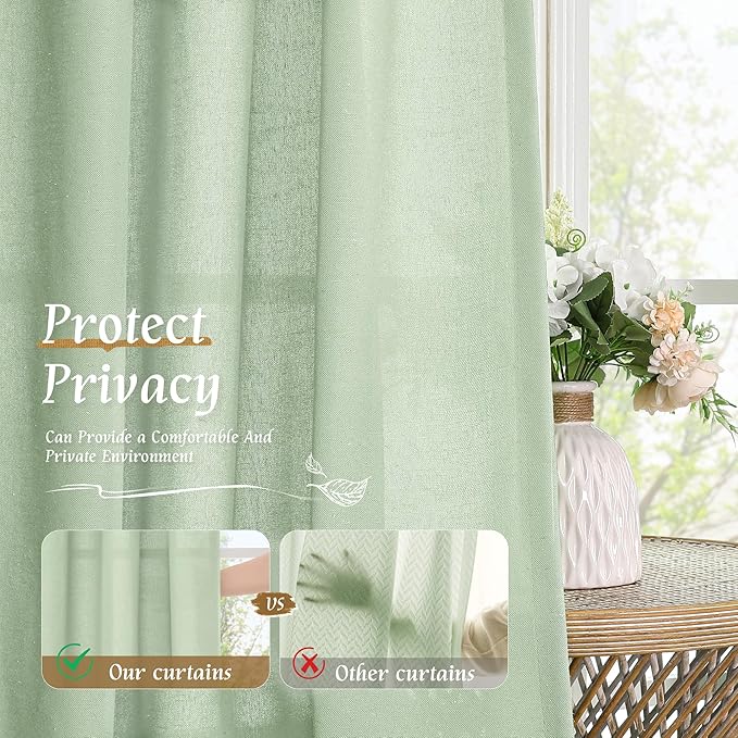 LAMIT Natural Linen Curtains for Bedroom, 72 Inch Faux Linen Textured Light Filtering Drapes Rod Pocket Window Treatment Panels for Living Room, Set of 2 Panels, 52 x 72 Inch, Light Green