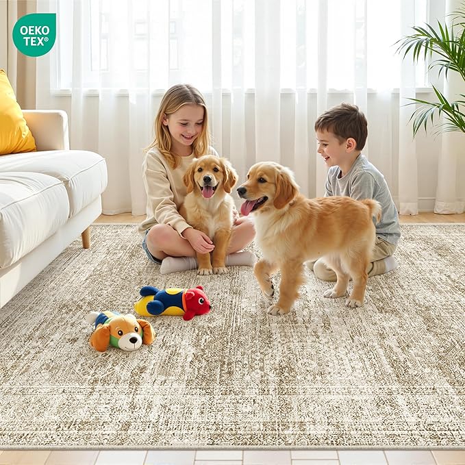 6x9 Rug for Living Room,Soft Low Pile Indoor Washable Rugs for Bedroom, Non-Slip Backing Vintage Large Area Rug, Printed Abstract Carpet(6'x9', Brown/Ivory)