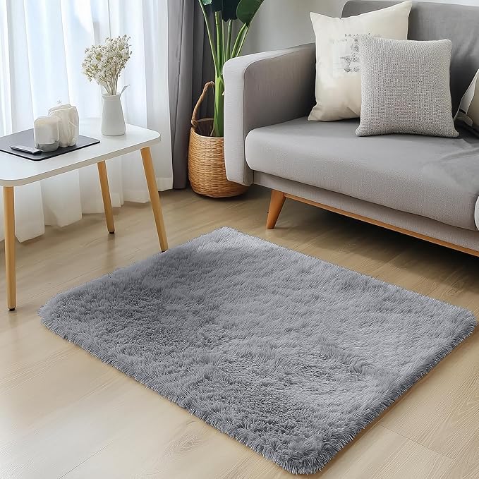 OLANLY 3x3 Machine Washable Small Bedside Rug, Soft Fluffy Shaggy Entryway Throw Rugs for Bedroom, Living Room, Indoor Floor Carpet for Kids Girls and Boys, Nursery Rooms, Home Decor, Light Grey
