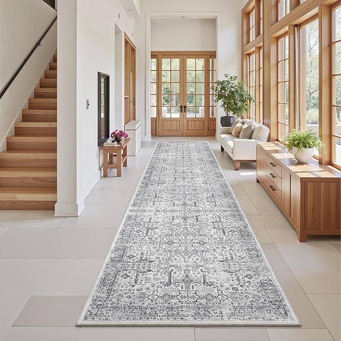 Hallway Washable Runner Rug 2x12 - Non Slip Vintage Kitchen Runner Rugs for Entryway Low-Pile Waterproof Long Runners for Living Room Bedroom Medallion Indoor Floor Mat for Bathroom Laundry Grey