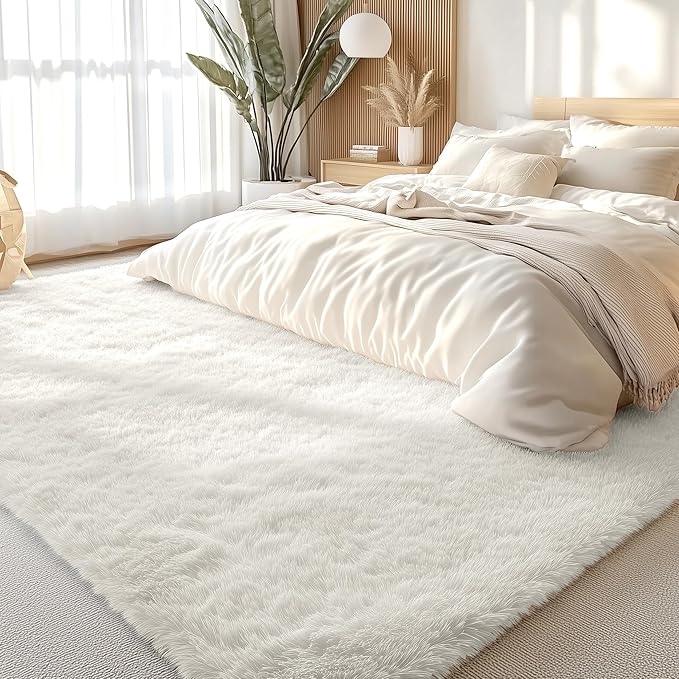 OLANLY 5x5 Area Rugs for Living Room Bedroom, Machine Washable Soft Fluffy Shaggy Bedside Rug, Indoor Floor Carpet for Kids Girls and Boys, Dorms, Nursery Rooms, Home Decor Aesthetic, Ivory