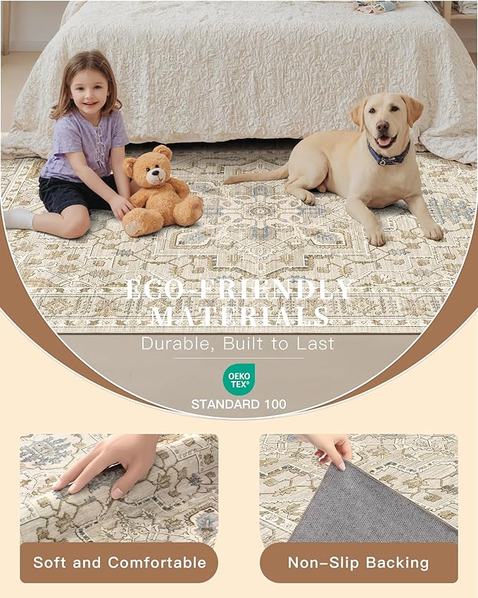 Madane 5x7 Area Rugs for Living Room, Stain Resistant Washable Rug, Non-Slip Backing Area Rug, Vintage Home Decor Rug for Bedroom (Beige/Blue, 5'x7')