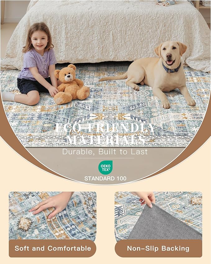 Madane Hallway Runner Rug 2x12, Extra Long Washable Runner Rugs with Rubber Backing, Non Slip Carpet Runner for Hallway, Vintage Rug Runners for Kitchen Laundry Room Entryway (Blue/Gold, 2'x12')