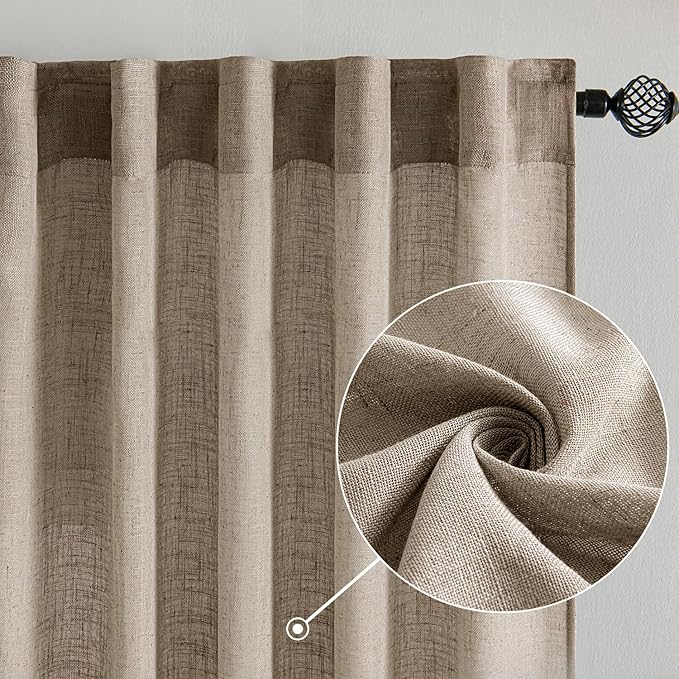MIULEE Taupe Grey Linen Curtains 108 Inches Long 2 Panels for Bedroom Living Room, Soft Linen Textured Window Drapes Semi Sheer Light Filtering Back Tab Rod Pocket Farmhouse Modern Burlap Look Decor