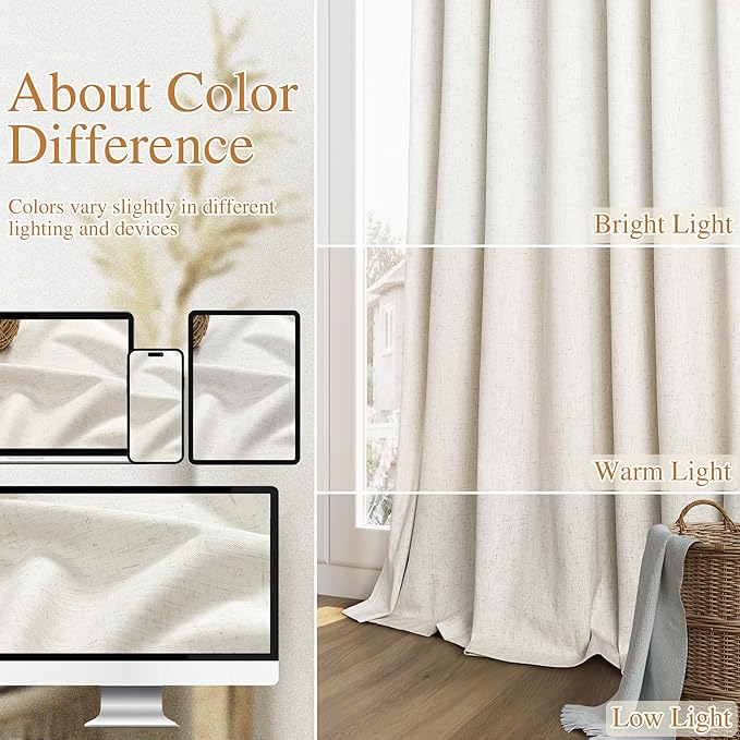 Guken Cream 100% Blackout Curtains 130 Inch Length 2 Panels Set for Living Room Bedroom Back Tab Thermal Insulated Black Out Linen Drapes Room Darkening Window Curtains