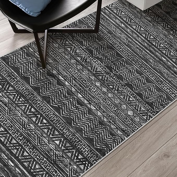 3x6 Washable Hallway Runner Rug - Moroccan Non-Slip Long Runners for Entryway Soft Modern Geometric Low-Pile Rugs for Kitchen Waterproof Neutral Carpet for Bedroom Bathroom Laundry 3x6 Black