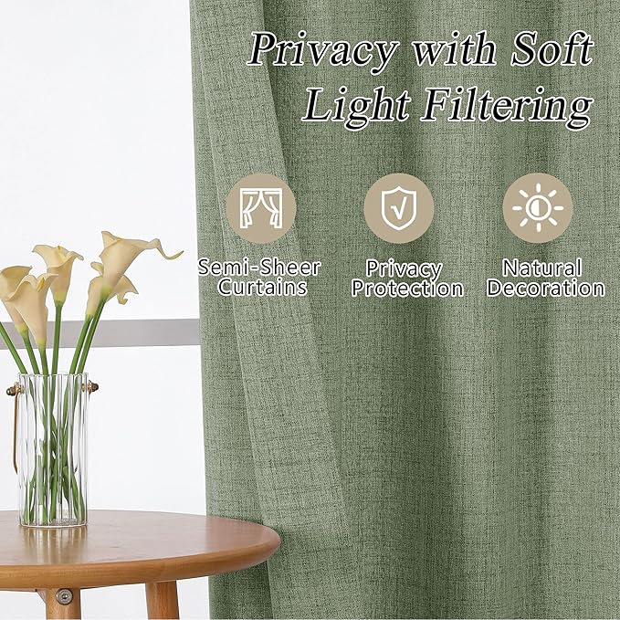 OVZME Green Valance for Windows, Light Filtering Faux Linen Textured Small Kitchen Valances for Windows, Dual Rod Pocket Farmhouse Short Curtain for Bathroom Basement, 60Wx24L inch, 1 Piece