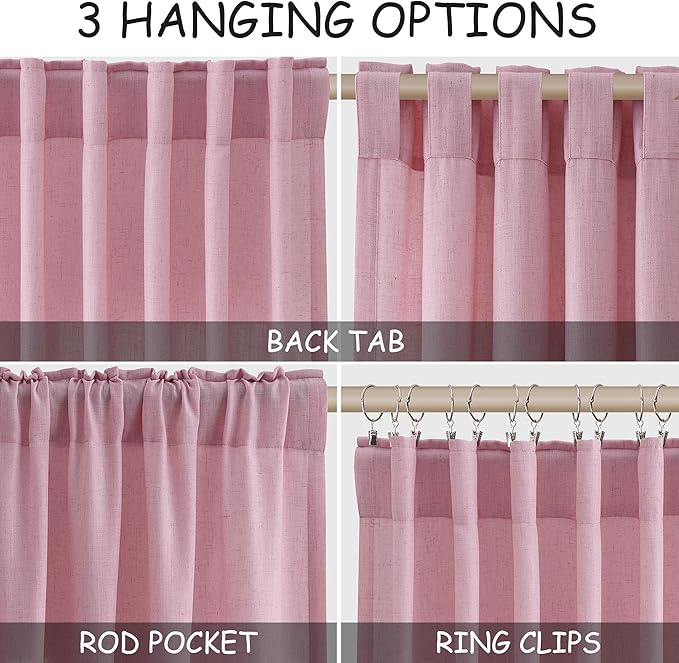 Nanspring Rose Linen Curtains 102 Inches Long 2 Panel Set Back Tab Rod Pocket Semi Sheer Light Filtering Burlap Style Extra Long High Window for Neutral Farmhouse Decor Curtains in Living Room 52x102