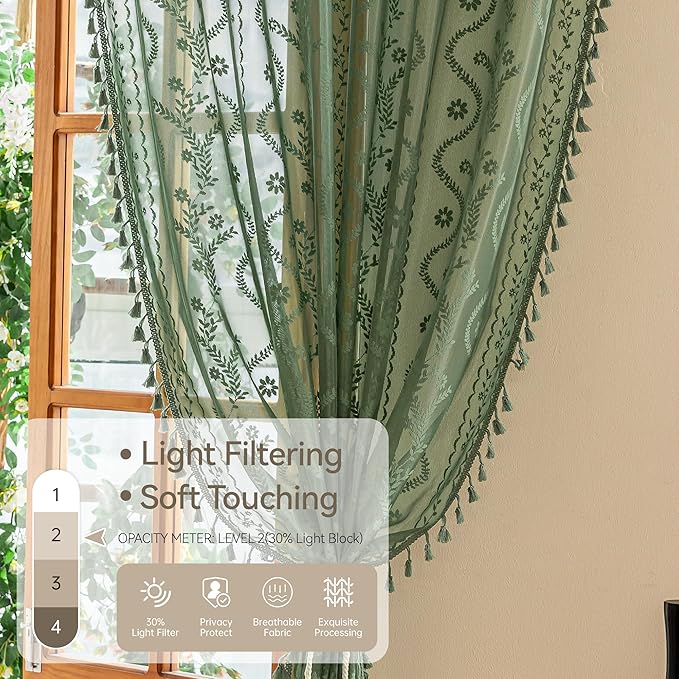 WAZZIO Boho Lace Curtains 2 Panels 84 Inches -Vintage Victorian Sheer Panel Drape French Country Floral Pattern & Tassel Light Filtering Privacy for Bedroom Dining Living Room,Dark Sage Green,W52x L84