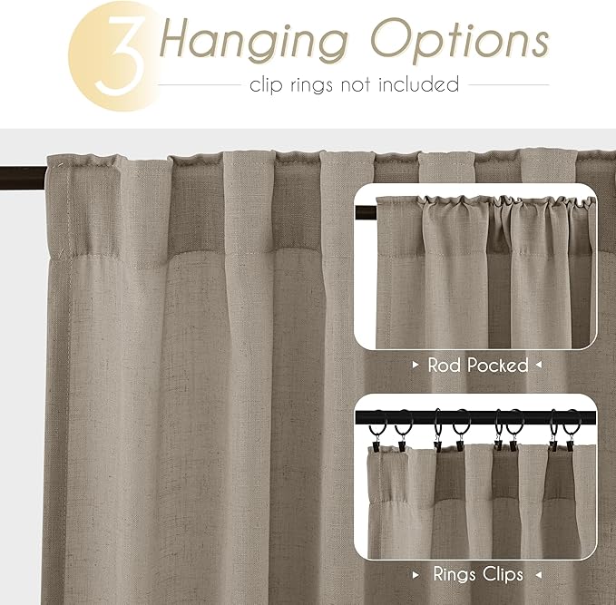 Taupe Linen Curtains 96 inches Long for Living Room Back Tab Rustic Farmhouse Semi Sheer Light Filtering Window Curtain Dining Room Soft Thick Flax Linen Textured Drapes Burlywood Birch Dark Brown