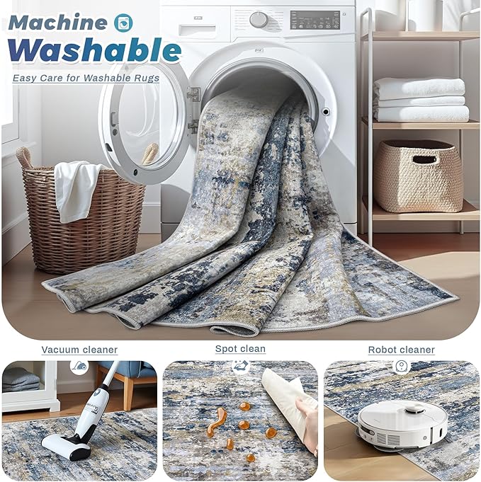 pmtsns Area Rugs 5x7 for Living Room: Washable Rug Modern Abstract Neutral Soft Non-Slip Low-Pile Indoor Carpet for Bedroom Dining Room Playroom Home Office (Blue Grey Brown, 5'x7')