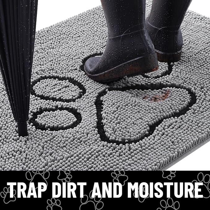 Smiry Dog Door Mat for Muddy Paws, Absorbent Dirt Trapper Non Slip Quick Dry Washable Chenille Mat for Mud Dogs, Entry Rug for Indoor and Outdoor (44x32 Inches, Grey and Black)
