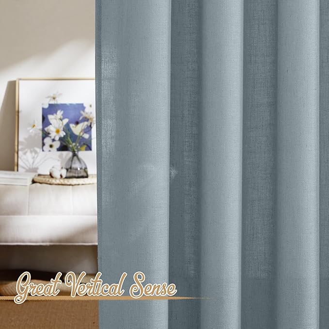 NICETOWN Linen Blend Mist Blue Curtains for Living Room, Rod Pocket & Back Tab Flax Burlap Window Treatments Semi Sheer Privacy with Light Filtering Drapes for Bedroom, W52 x L84, 2 Panels