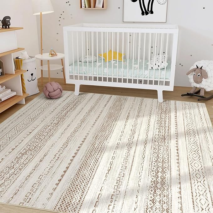 Nakagishi Area Rug Living Room Rugs: 3x5 Soft Machine Washable Boho Neutral Farmhouse Stain Resistant Moroccan Indoor Floor Carpet for Bedroom Nursery Kids Entryway Kitchen Entry Bedside Home- Brown