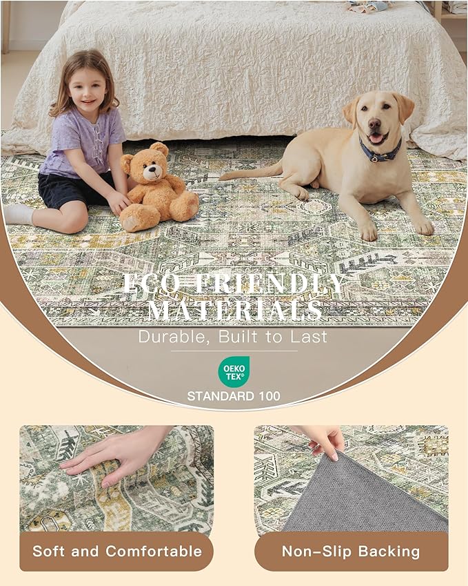 Madane Runner Rug 2x8, Washable Hallway Runner Rugs, Non-Slip Low-Pile Soft Kitchen Rug Runner Laundry Room Rug, Vintage Throw Entry Foyer Mat for Entrance Living Room (Green/Gold, 2 x 8)
