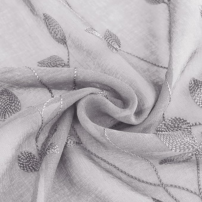 HOMEIDEAS Light Grey Sheer Curtains 52 X 63 Inches Length 2 Panels Embroidered Vine Floral Pattern Pocket Faux Linen Semi Sheer Voile Window Drapes for Bedroom Living Room