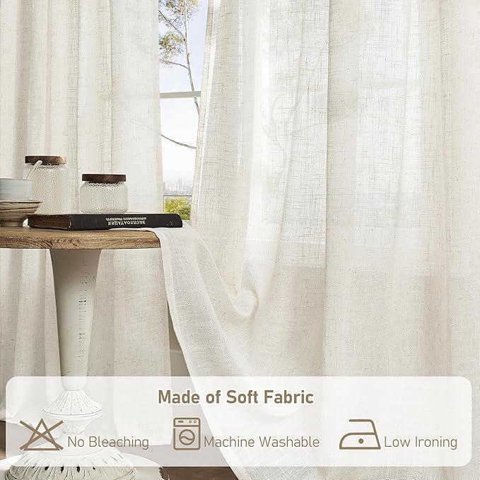 LAMIT 68 Inch Semi Sheer Linen Curtains for Bedroom 2 Panels, Cream Ivory Light Filtering Window Drapes Bronze Grommet Neutral Boho Panels for Living Room/Farmhouse, 52 x 68 Inch