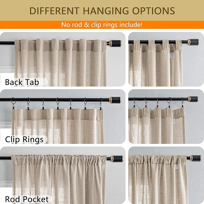 MYSKY HOME Boho Curtains Farmhouse Living Room Curtain Drapes, Light Filtering Semi Soft Cotton Blend Sheer Window Treatments for Sliding Glass Door Doorways, 100" x 90", Light Oatmeal, Set of 1
