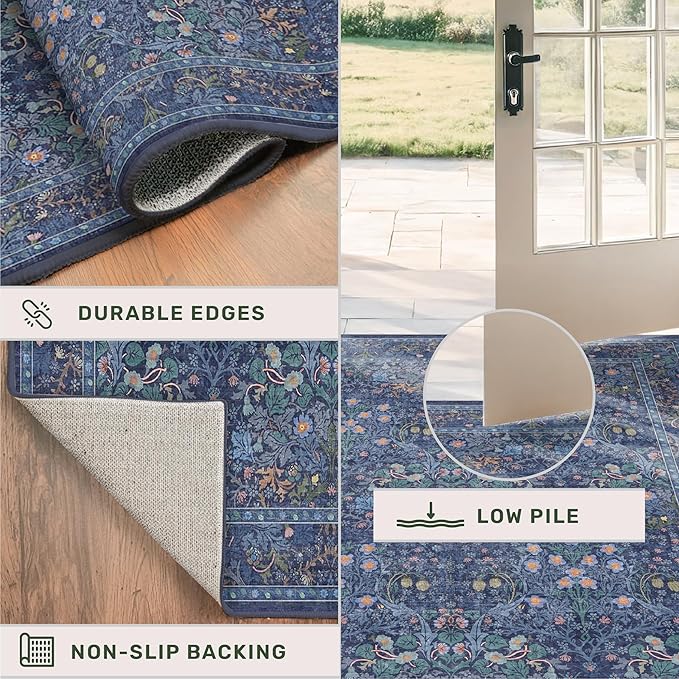 Washable Dark Blue Rug for Living Room - 10x14 Large Area Rug for Dining Room Under Table, Bedroom, Soft Low Pile Non-Slip Stain Resistant Carpet - Vintage Navy Floral Design