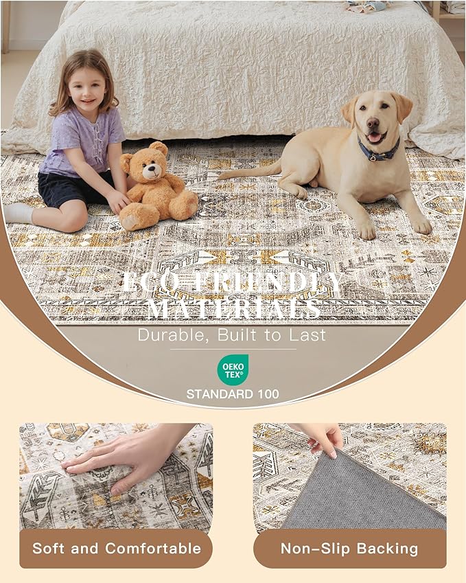 Madane Hallway Runner Rug 2'6''x16' Kitchen Runner - Non Slip Vintage Runners for Hallways Washable Kitchen Rugs Soft Low Pile 2.5x16 ft Rug Runner for Laundry Room, Entryway and Bedroom, Brown/Gold