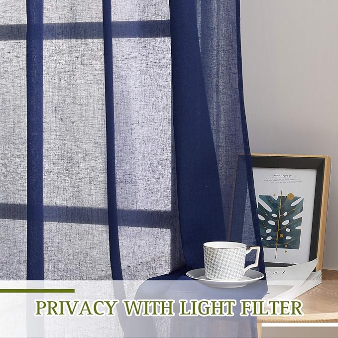 NICETOWN Linen Textured Sheer Curtains 84 inch Long for Living Room, Privacy Chic Sheer Curtains Window Treatment Translucent Drapes for Farmhouse/Cottage, W70 x L84, Dark Blue, 1 Pair