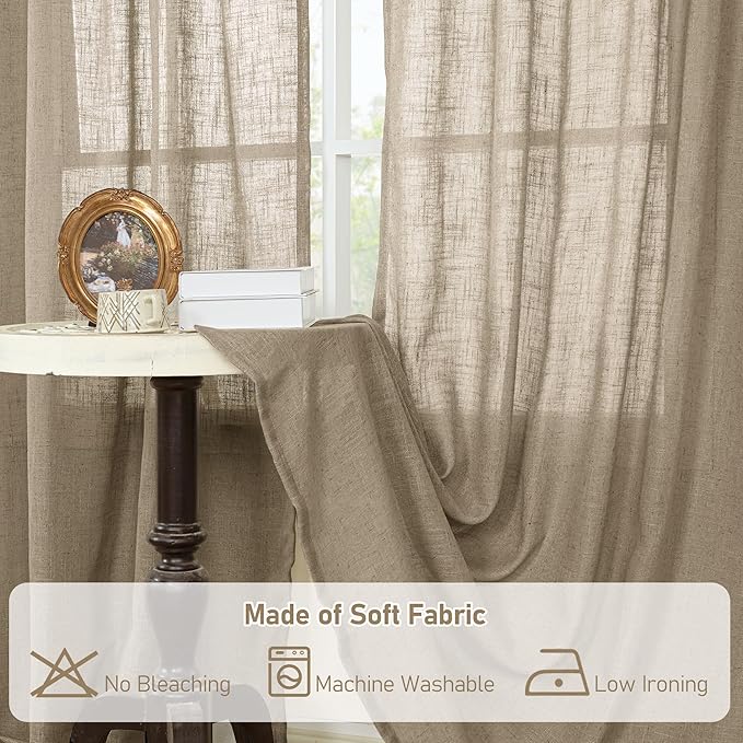 LAMIT Semi Sheer Linen Curtains 45 Inches Long, Light Filtering Panels Bronze Grommet Country Decor Drapes for Bedroom/Window/Farmhouse, Taupe, 2 Panels, 52 x 45 Inch