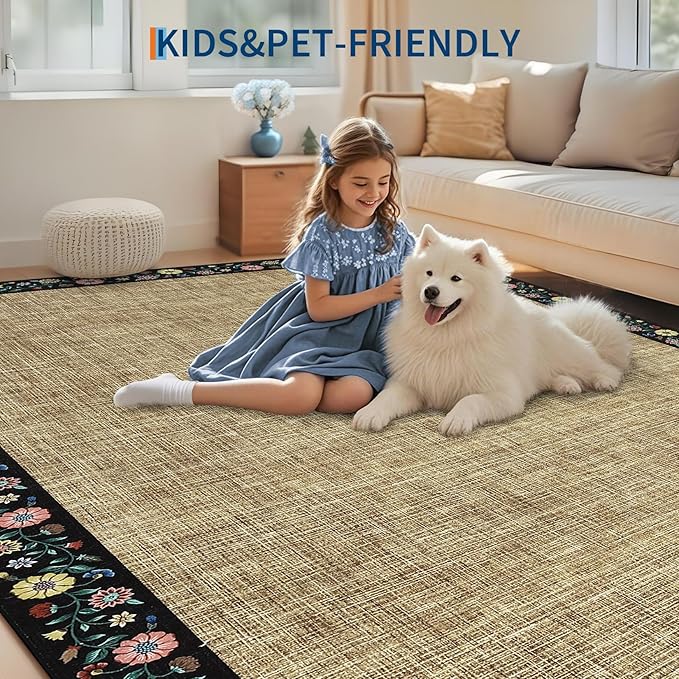 GarveeHome Washable Living Room Rug 9x12 Floral Bordered Area Rugs Soft Thin Indoor Carpet for Bedroom Modern Throw Aesthetic Mat Non Slip Stain Resistant Carpet for Dining Room Office, Yellow
