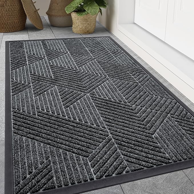 Smiry Front Door Mat Outside Entrance, Heavy Duty Sturdy Natural Rubber Doormat, Trap Dirt and Moisture, Easy Clean Low Profile Welcome Floor Mats for Indoor Outdoor Entry, 59x23 Inch, Grey