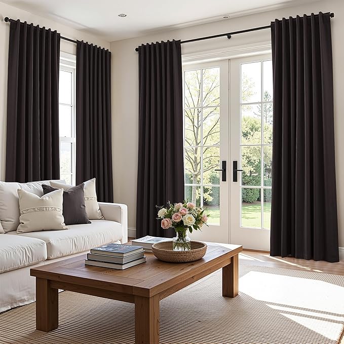 Guken Cocoa Coffee 100% Blackout Linen Curtains 96 Inch Length 2 Panels Set for Living Room Bedroom Back Tab/Rod Pocket Thermal Insulated Farmhouse Black Out Drapes Room Darkening,52x96