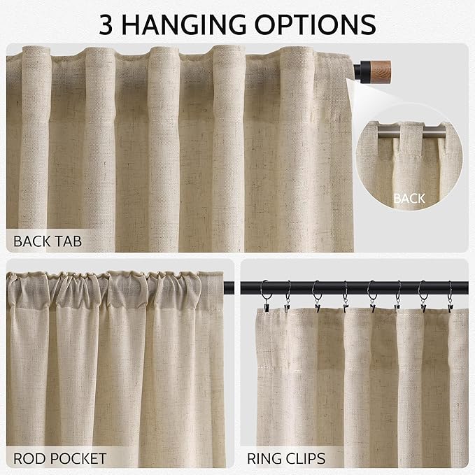Taupe Burlywood Linen Curtains for Living Room 105 Inches Long Light Filtering Semi Sheer Curtain Back Tab Rustic Luxury Neutral Modern Farmhouse Decor Drapes for Bedroom Dinner Room 52x105, 2 Panels