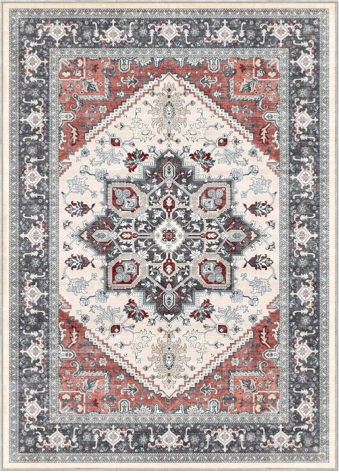 OPPODREAM Soft 8x10 Area Rugs, Washable Rugs 8x10 with Non Slip Backing, Faux Cashmere Low-Pile 8 x 10 Carpet, Black & Red