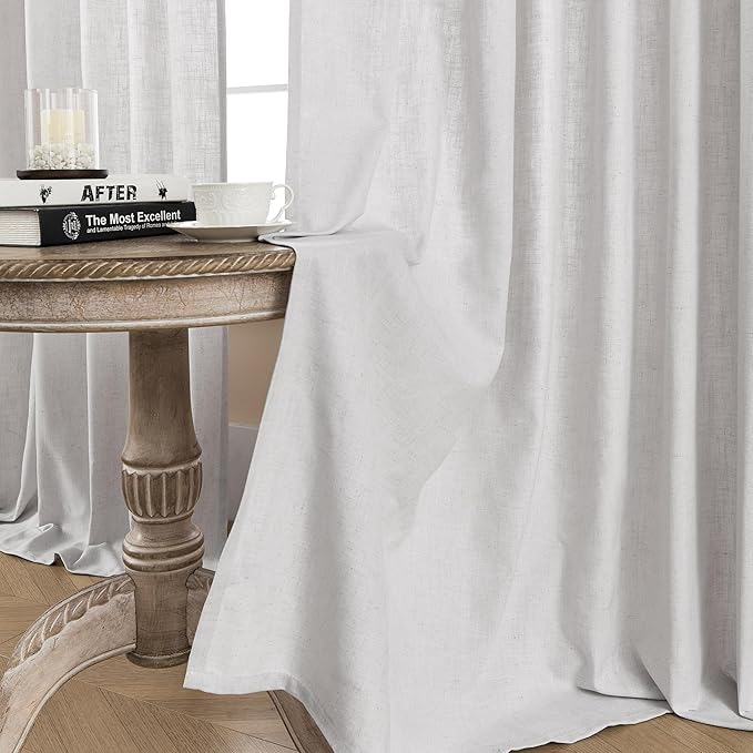 Joydeco Linen Curtains for Living Room,Light Filtering Rod Pocket Back Tab Semi Sheer Drapes Window Long Curtains 96 inches Long Blanc de Blanc