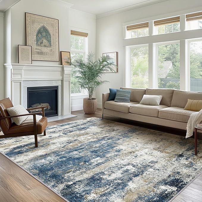 BEIMO Machine Washable Rug 5x7 Area Rugs for Living Room Bedroom, Large Navy Blue Beige Abstract Area Rug Soft Throw Rugs, Low-Pile Floor Carpet with Non Slip Rubber Backing