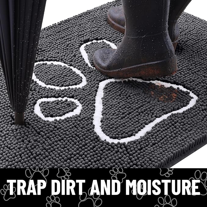 Smiry Dog Door Mat for Muddy Paws, Absorbent Dirt Trapper Non Slip Quick Dry Washable Chenille Mat for Mud Dogs, Entry Rug for Indoor and Outdoor (70x35 Inches, Dark Grey and White)