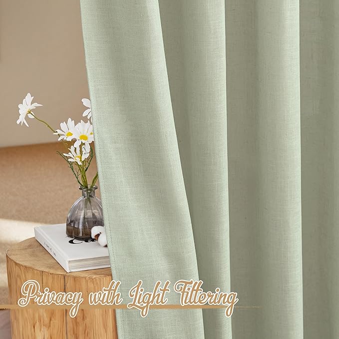 NICETOWN Sage Green Curtains for Living Room, Rod Pocket & Back Tab Natural Linen Blend Semi Sheer Window Treatments Privacy with Light Filtering for Bedroom/Nursery, W52 x L84, 2 Panels