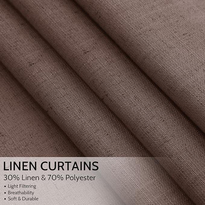 Nanspring Cappuccino Linen Blend Light Filtering Back Tab Curtains 102 Inches Long, Semi Sheer Privacy Drapes for Living Room & Bedroom, 52x102 inch, 2 Panels
