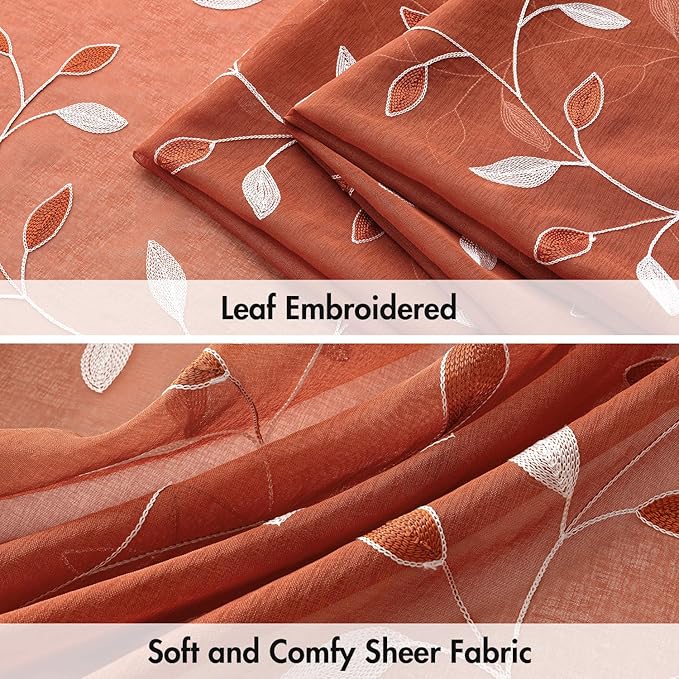 MIULEE Burnt Orange Sheer Curtains 2 Panels Embroidered Leaf Patterned Rod Pocket Floral Semi Faux Linen Window Fall Curtains Drapes Set for Living Room Bedroom Dining Room, 52x96 Inches Long