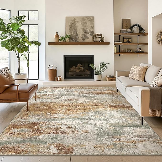 BEIMO Area Rugs 10x14 for Living Room Bedroom, Modern Abstract Machine Washable Rug, Large Soft Low Pile Floor Cover with Non Slip Backing for Dining Room, Orange Green